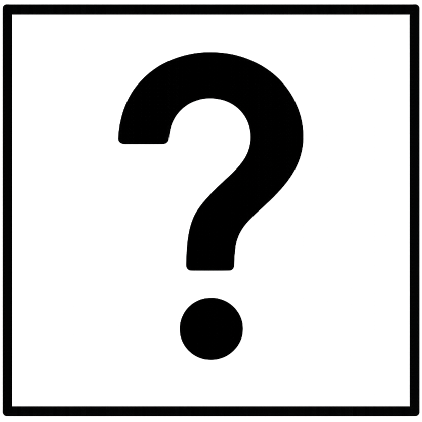 a black question mark icon with transparent background inside a black outline of a box also with transparant background
